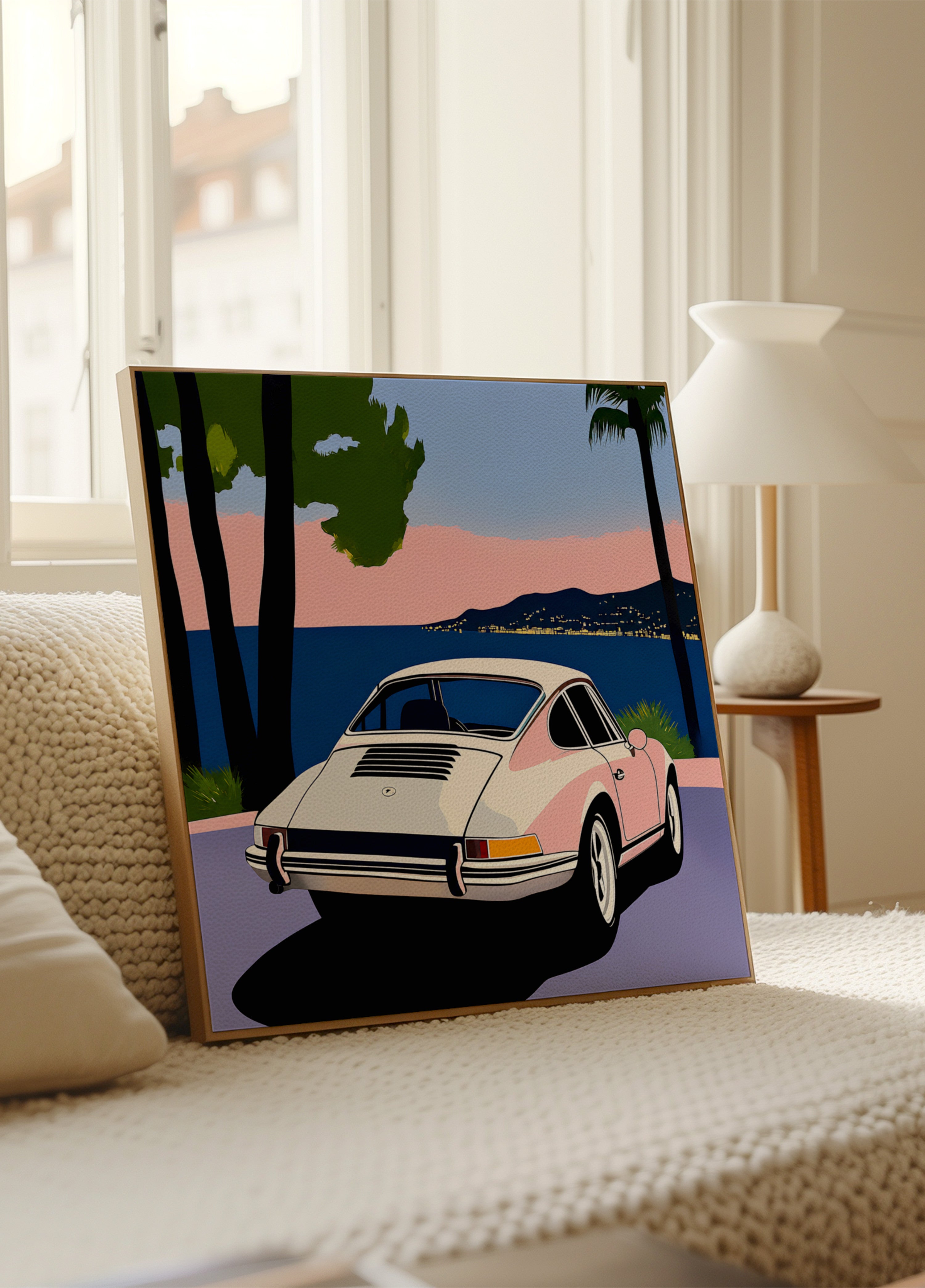 Pôr do sol de carro clássico rosa