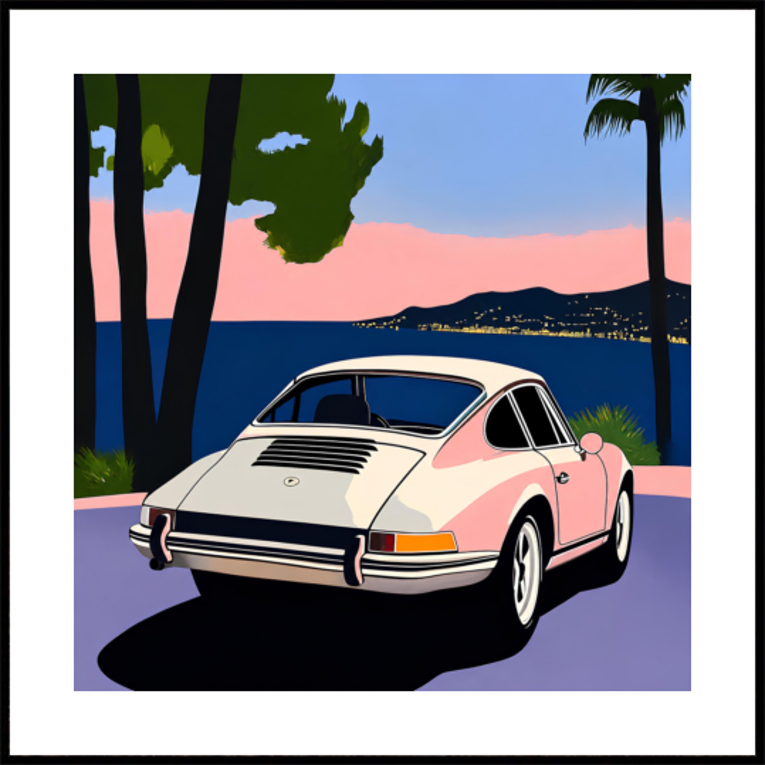 Pôr do sol de carro clássico rosa