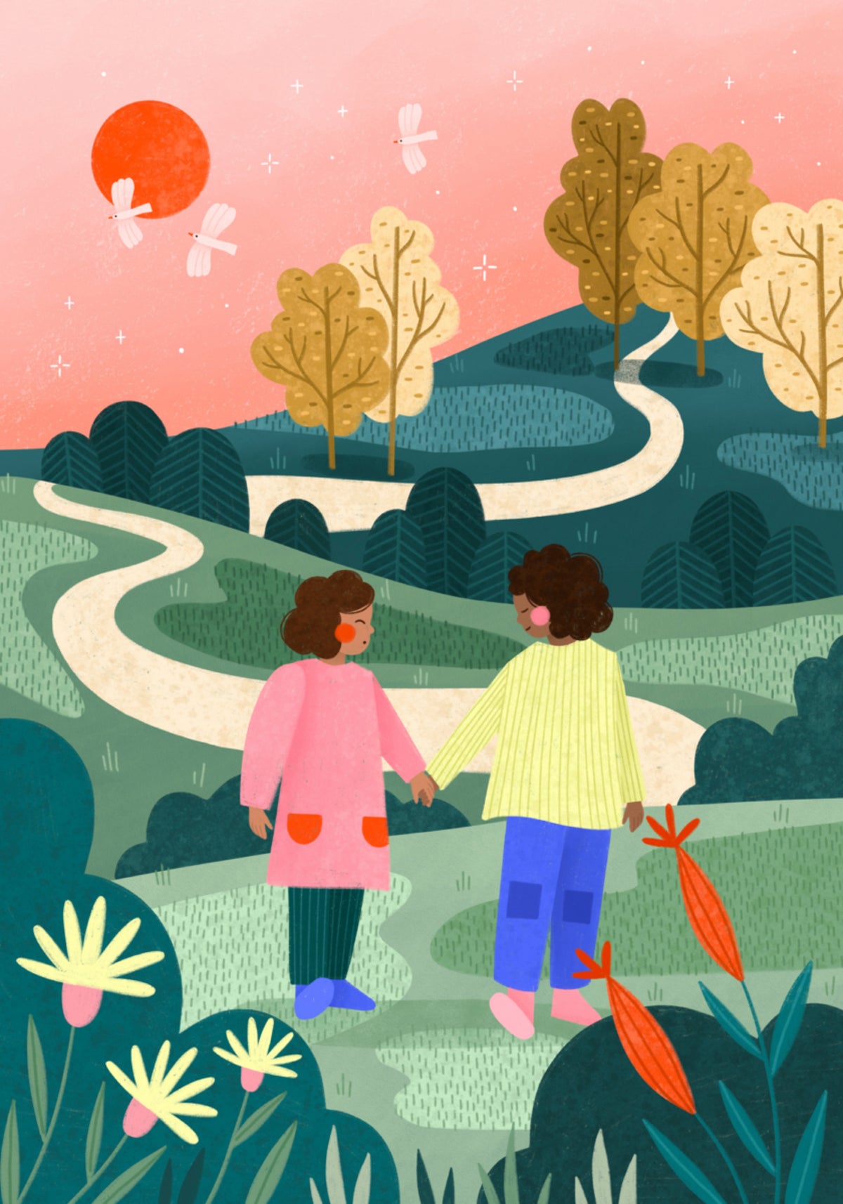 Amigos caminhando por um caminho sinuoso