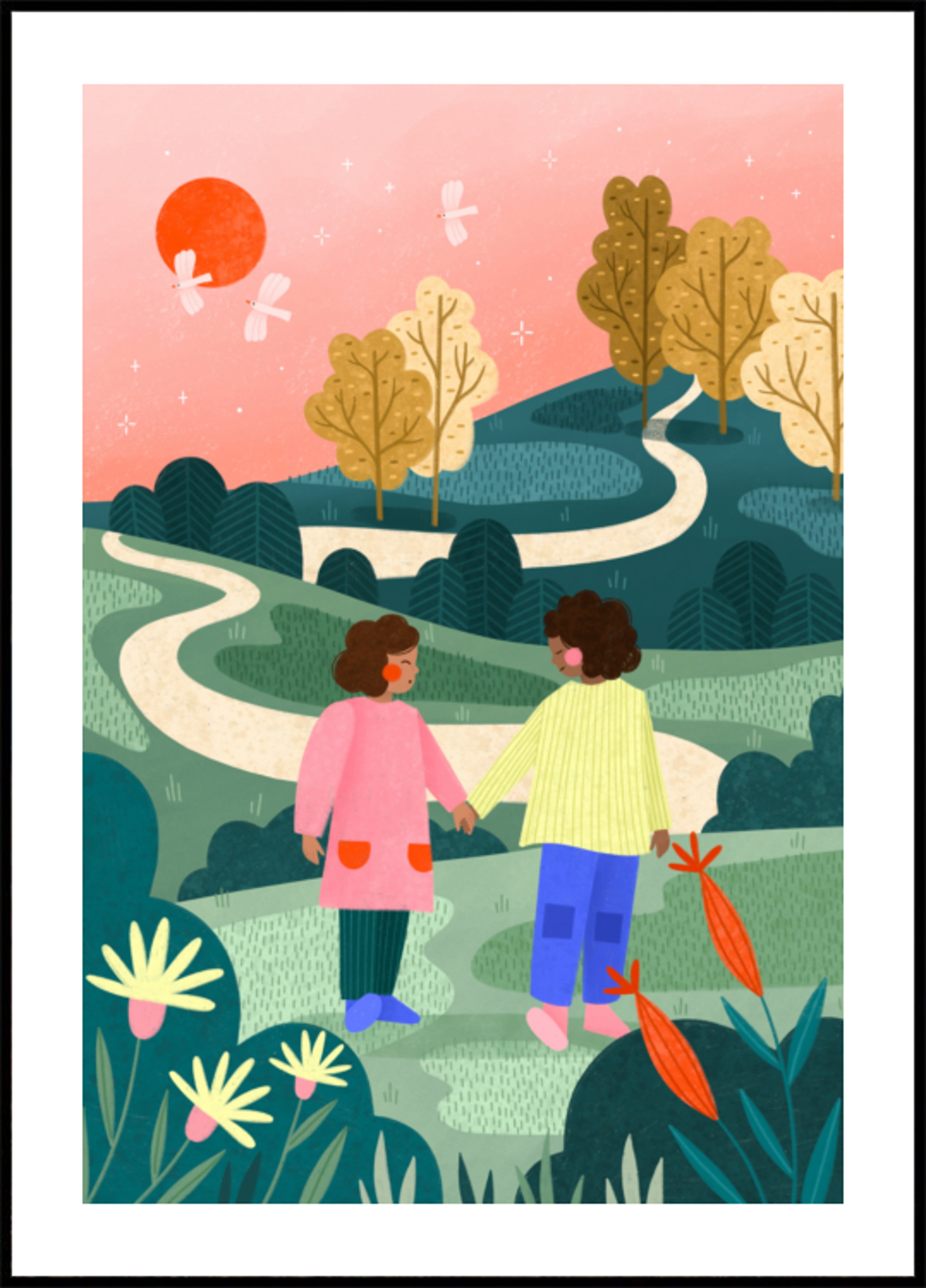 Amigos caminhando por um caminho sinuoso