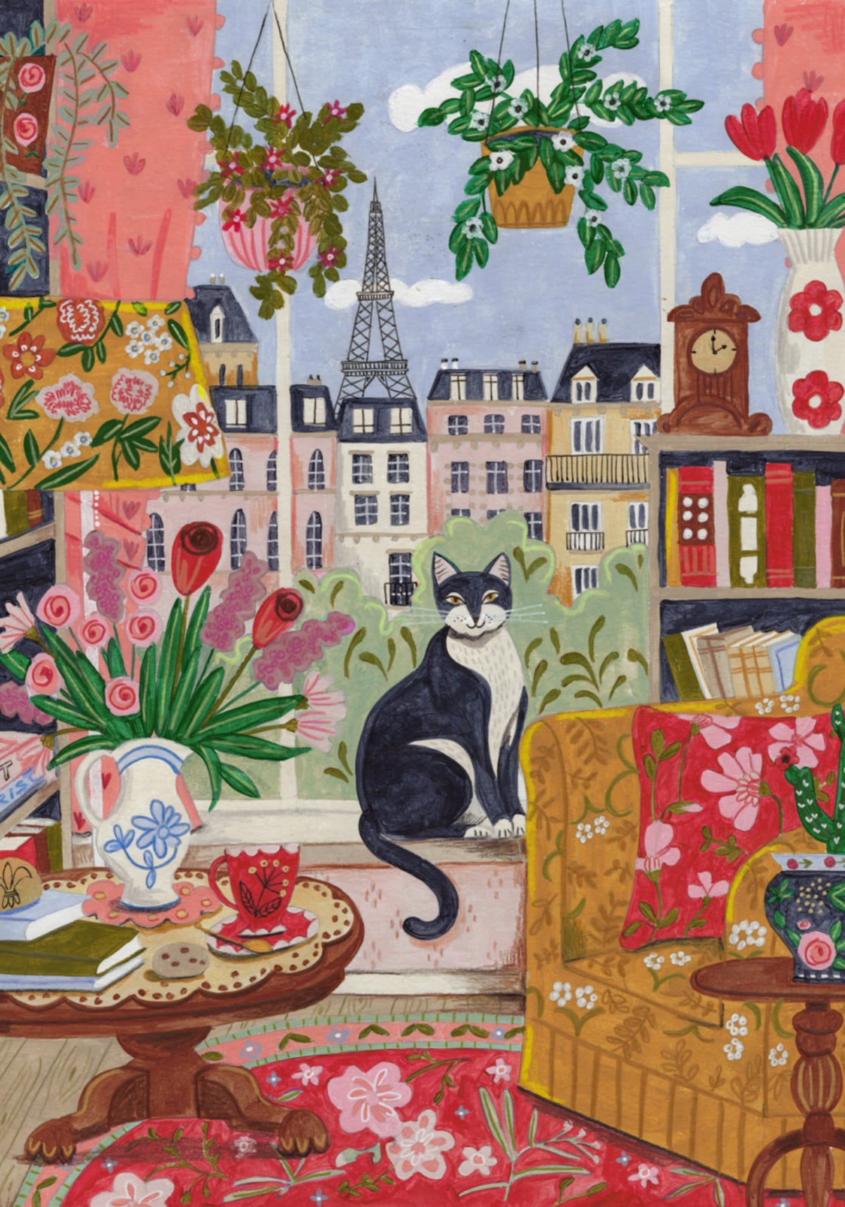 Gato na frente da janela em cores brilhantes de Paris