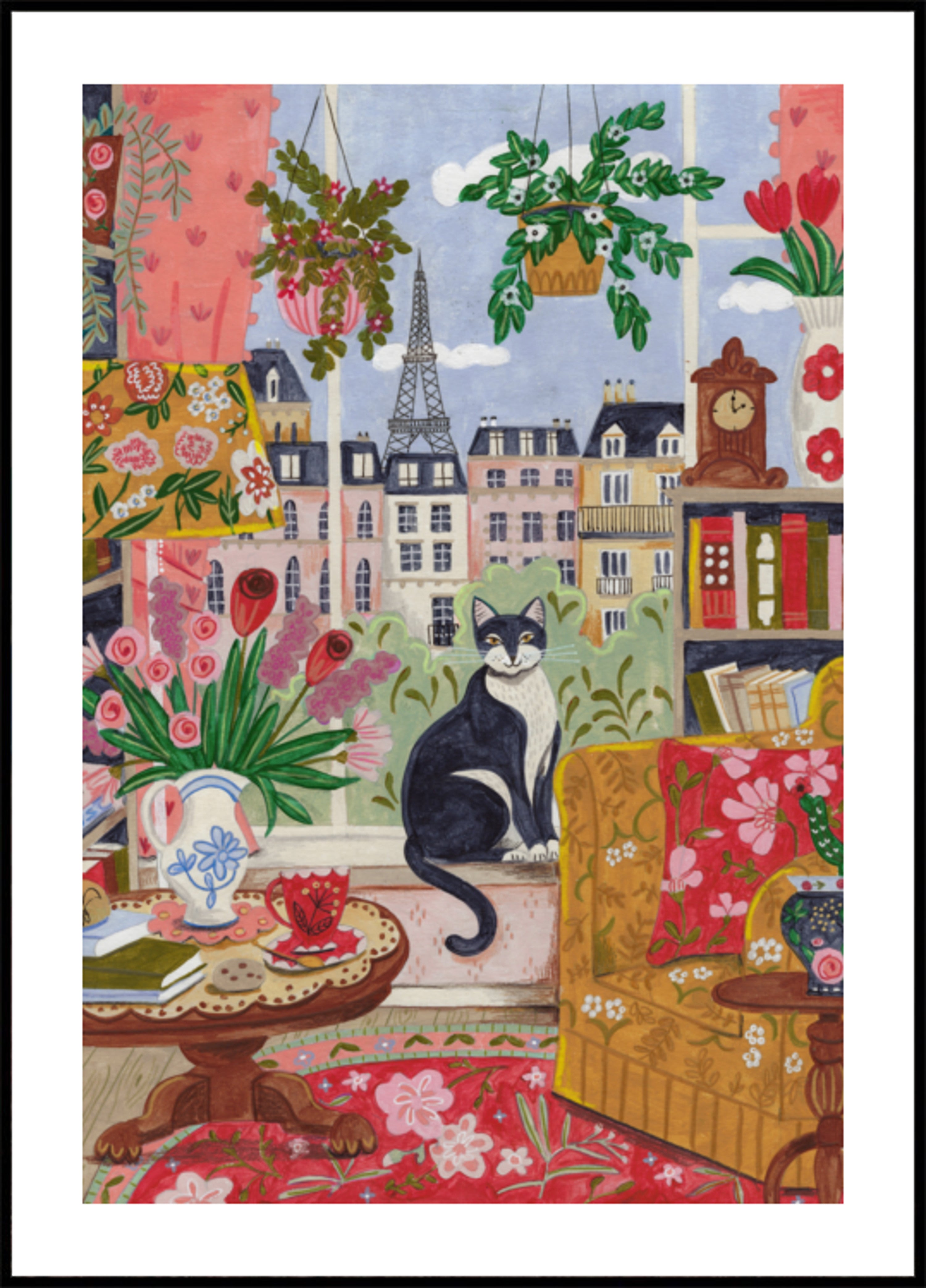 Gato na frente da janela em cores brilhantes de Paris