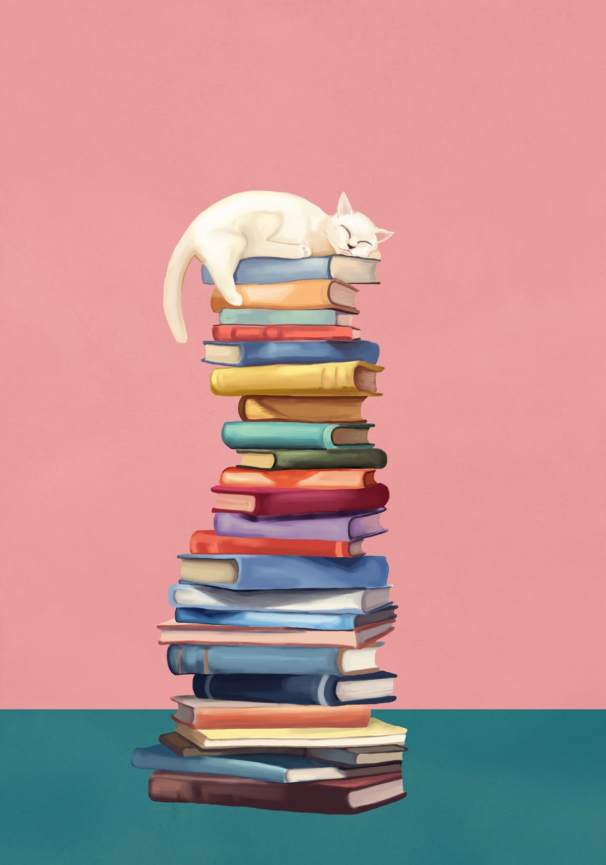 Gato aconchegante em livros coloridos