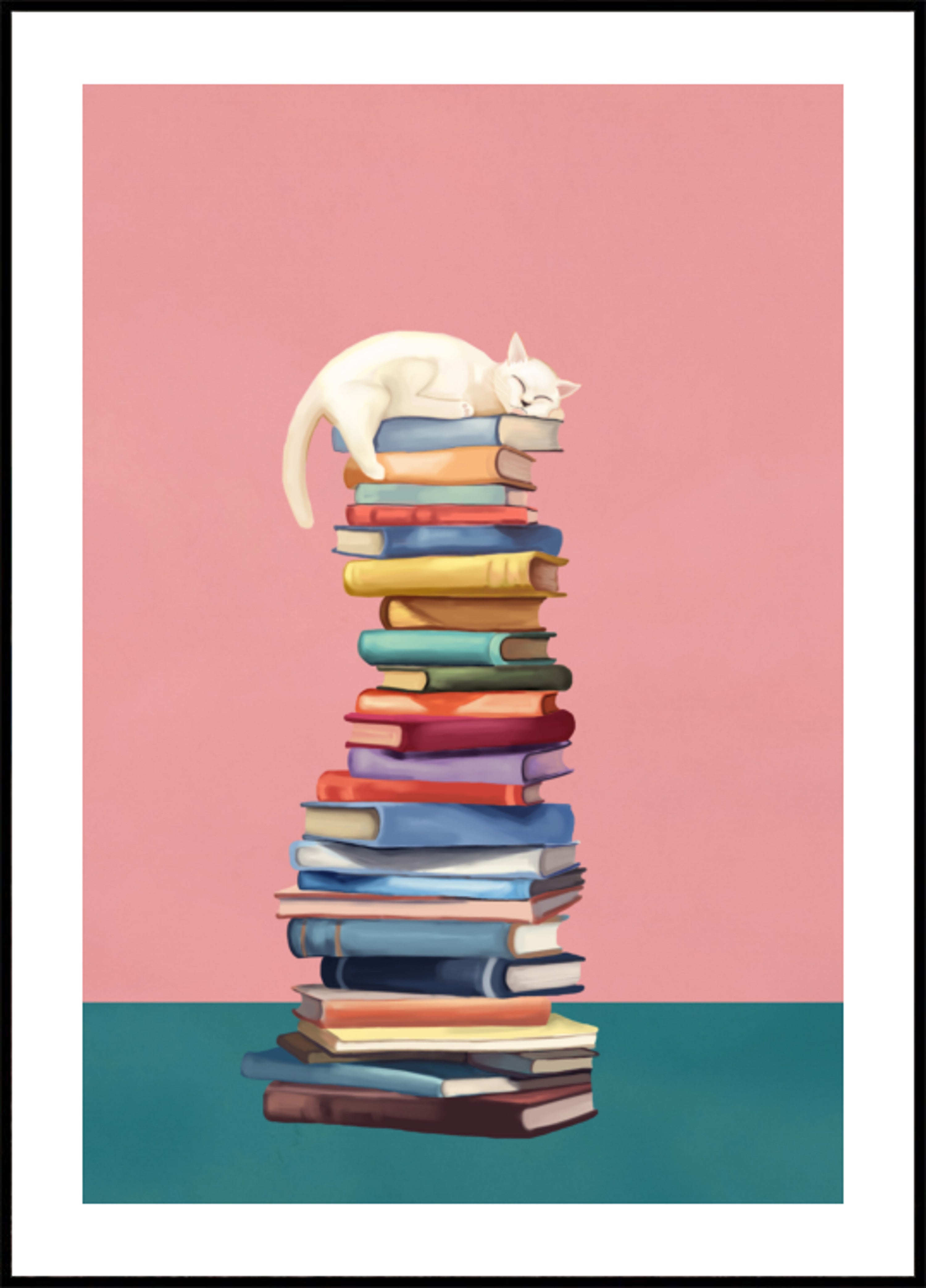 Gato aconchegante em livros coloridos