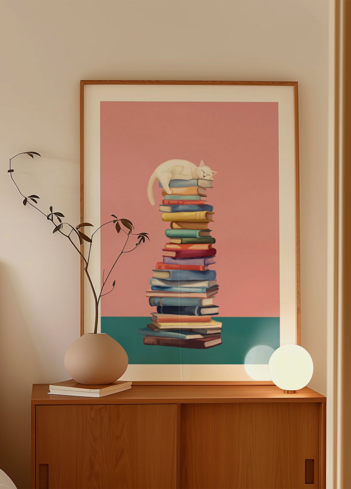 Gato aconchegante em livros coloridos