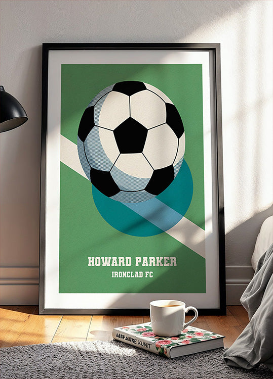 Cartaz retrô de futebol com bola preta e branca