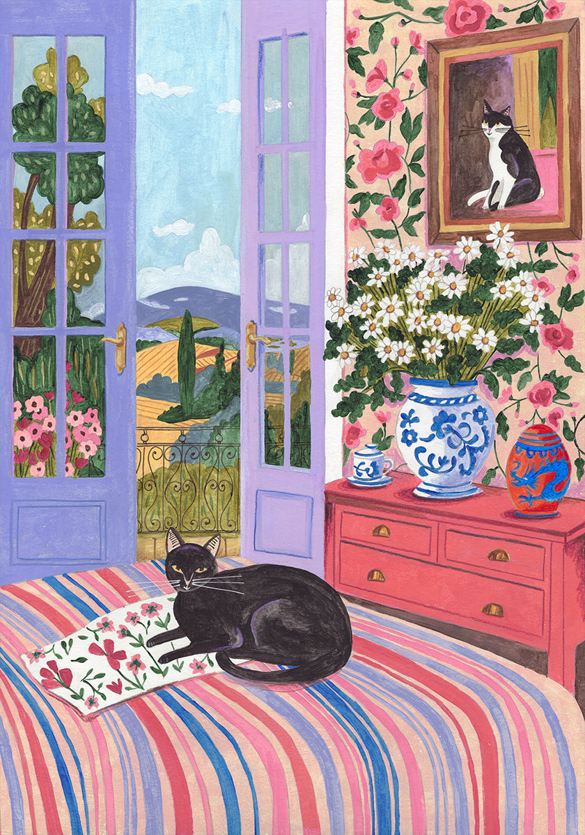 Black Cat on Bed French Doors Garden View (NEW) - Posterbox