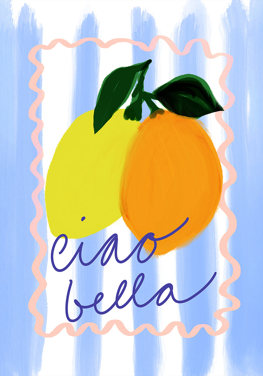 uma ilustração vibrante de dois limões e uma laranja, com a frase "ciao bella" escrita em letra cursiva abaixo deles.