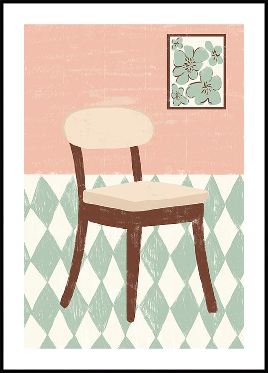Uma ilustração simples de uma cadeira com um padrão floral na parede atrás dela.