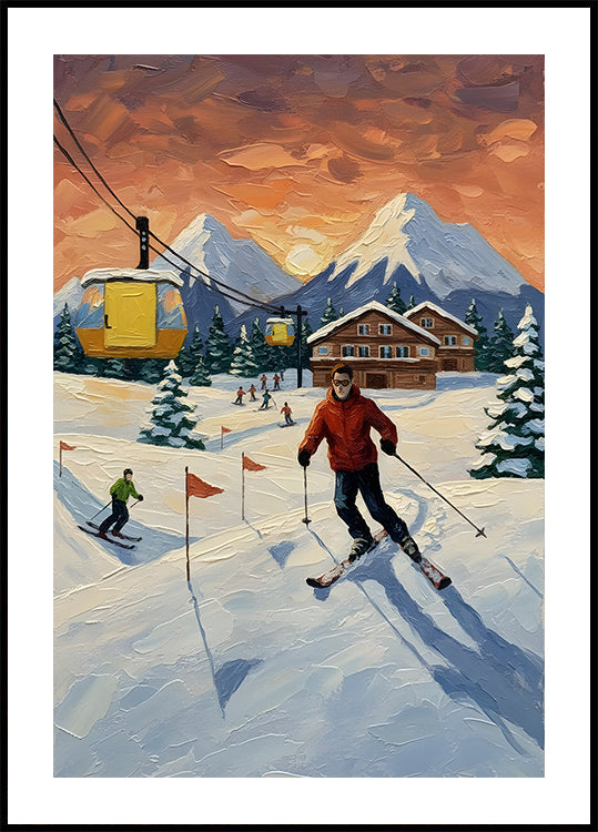 Skiing at sunset Plakat - Posterbox