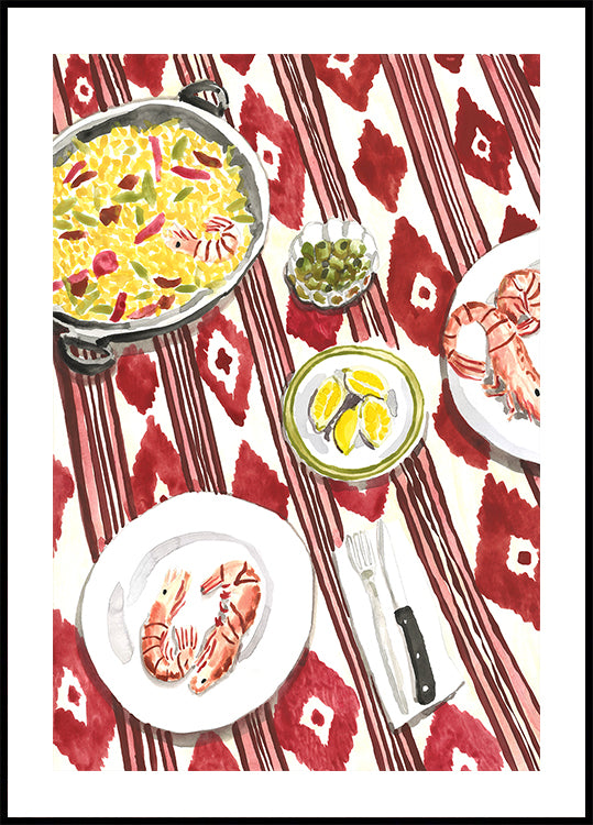 Uma ilustração vibrante e colorida de uma mesa posta com uma variedade de pratos, incluindo uma tigela grande de arroz, um prato de camarão e um prato de frutas.