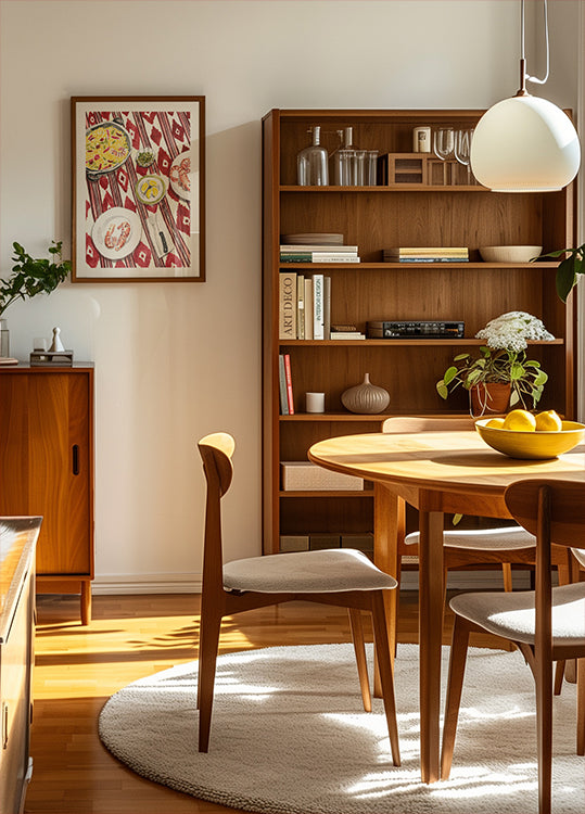 uma aconchegante sala de jantar com mesa e cadeiras de madeira, uma estante e uma obra de arte emoldurada na parede.
