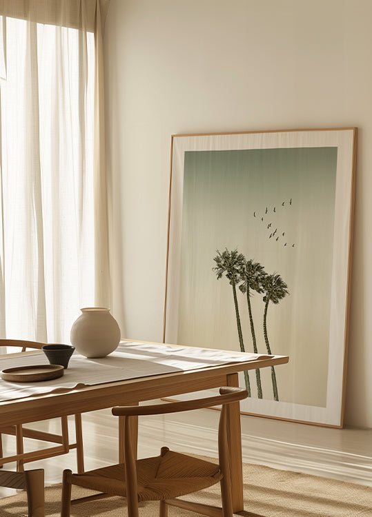 Póster Palmeiras minimalistas vintage e pôr do sol