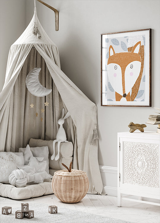 Pôster Raposa Vermelha Fofa com Padrão de Folha Cinza da Artista Carla Daly