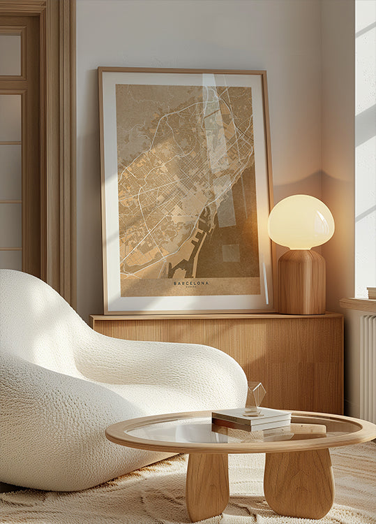 Póster Mapa de Barcelona (Espanha) em estilo vintage sépia