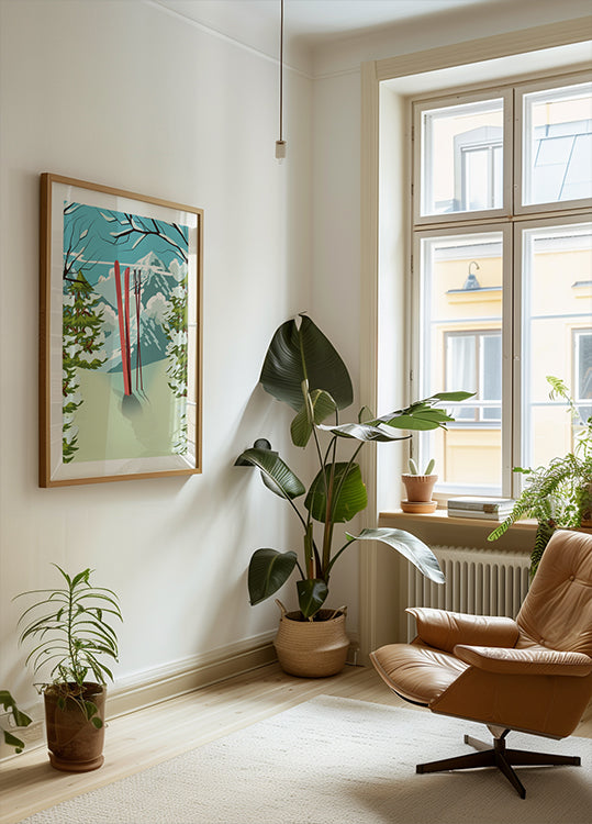 Pôster de esqui no topo da montanha