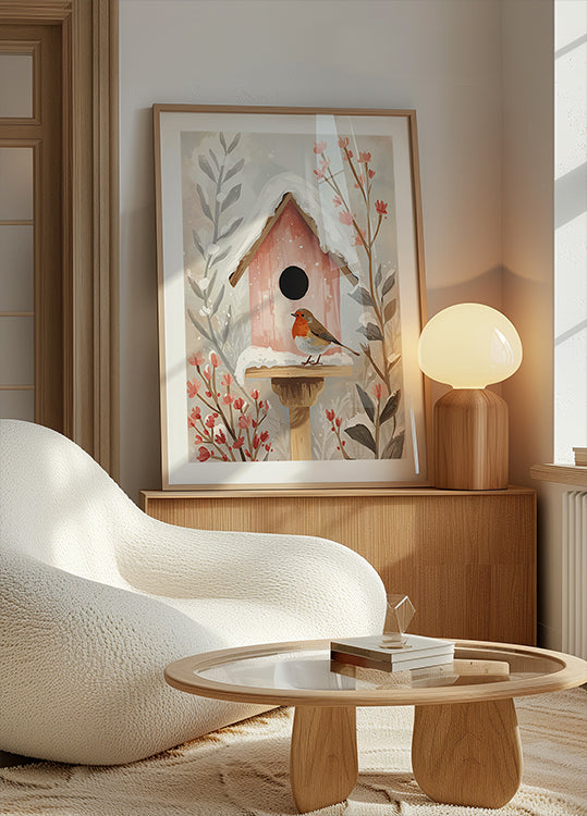 Pôster Vogelhaus com Rotkehlchen e Pflanzen