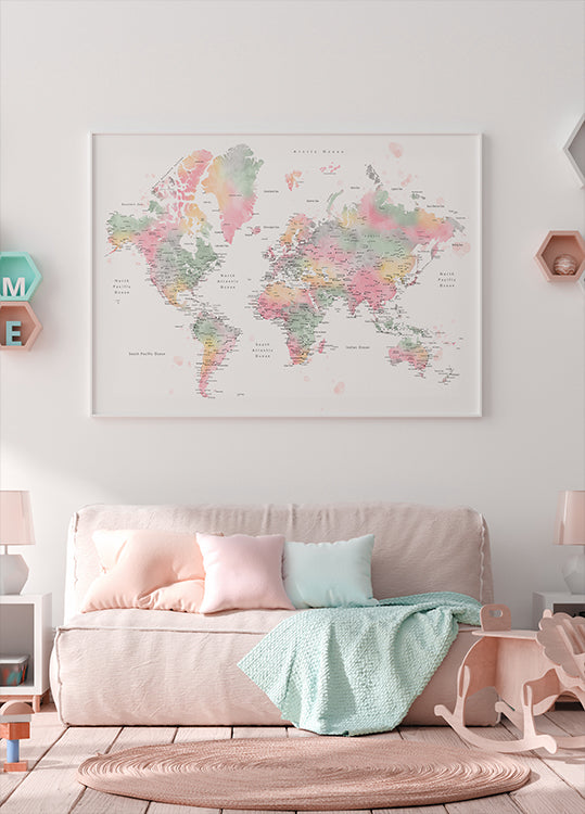Mapa mundial em aquarela pastel com cidades, Anjah