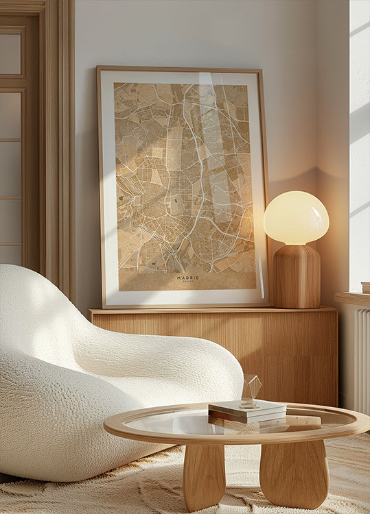 Póster Mapa de Madrid (Espanha) em estilo vintage sépia