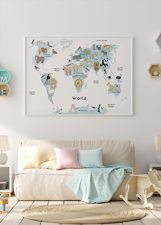Póster Mapa Ilustrado do Mundo com Animais Fofos