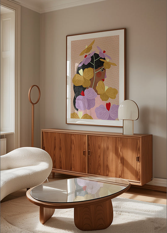 Pôster Escondido atrás de flores roxas amarelas