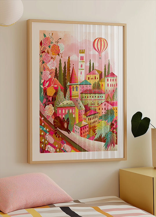 Póster Vila italiana com gato na parede