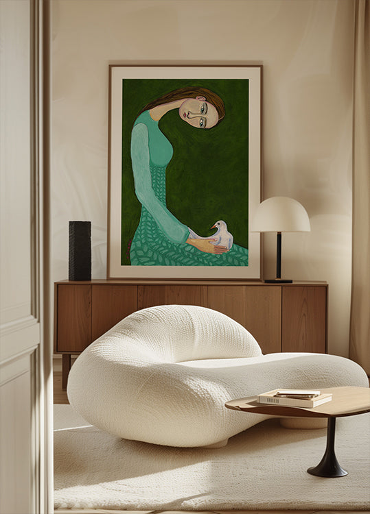 Póster Senhora sentada com mulher pássaro pomba branca