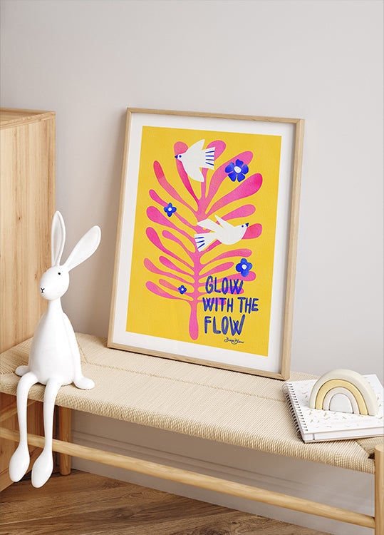 Póster Pássaros - Brilho com o Fluxo rosa