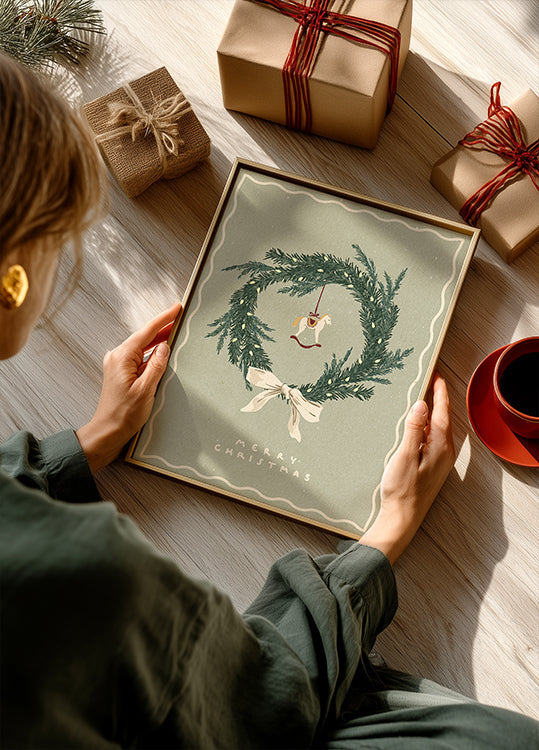 Póster Brinquedo de cavalos na guirlanda de Natal com arco