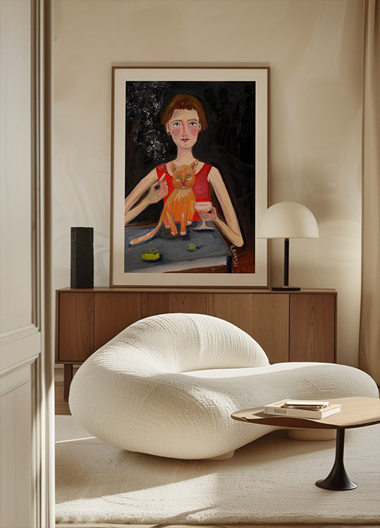 Póster Mulher vintage com coquetel e gato