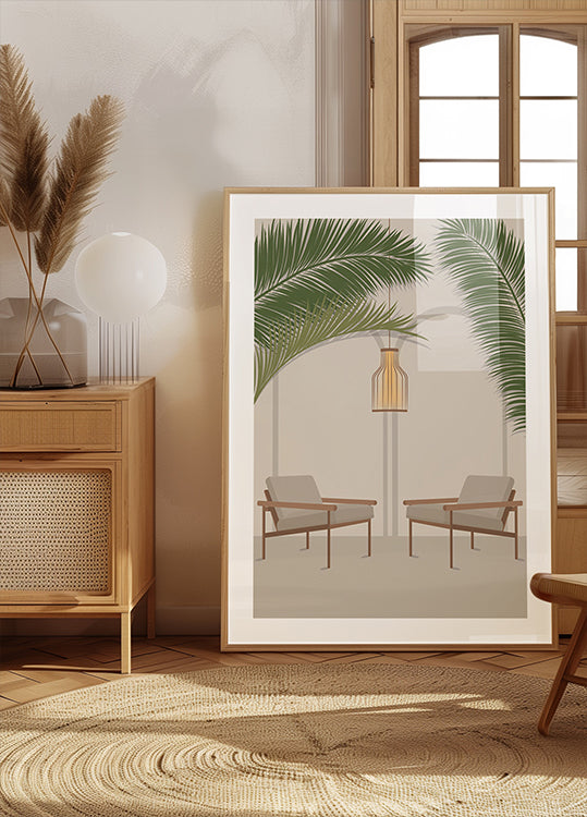 Free Your Mind 1, Modern Tropical Lounge with Palm Leaves and Chairs Plakat - Posterbox