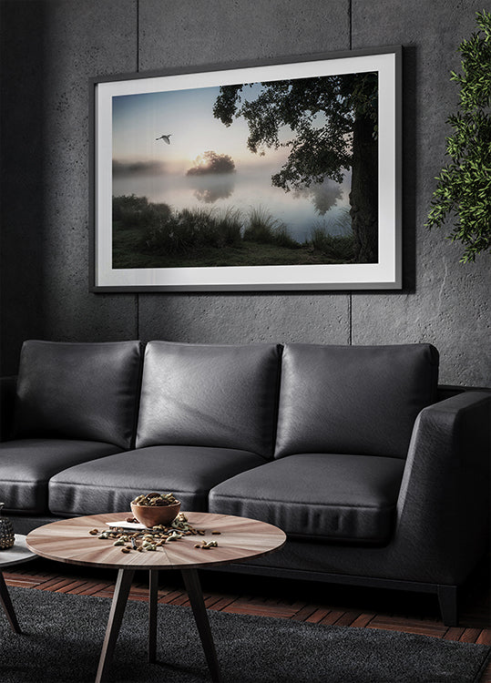 Heron Flying Over a Foggy Lake Plakat - Posterbox.dk