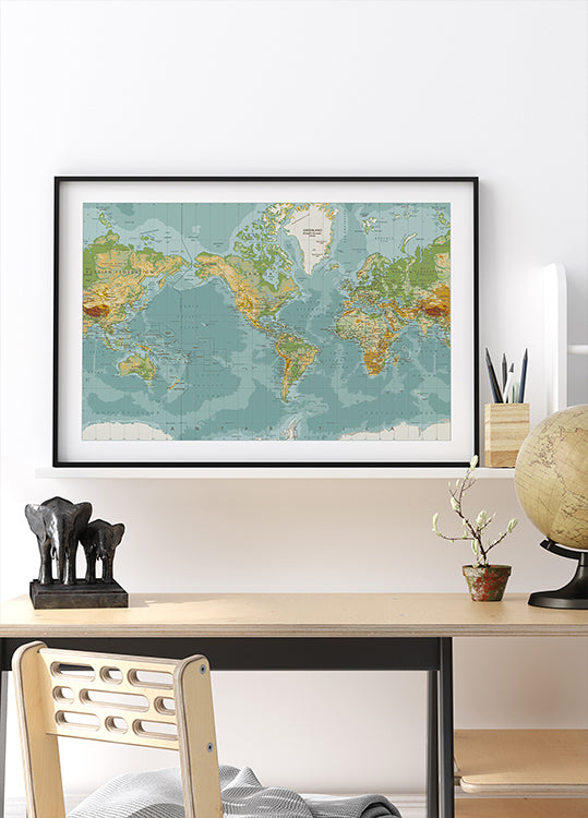 Physical World Map Plakat - Posterbox.dk