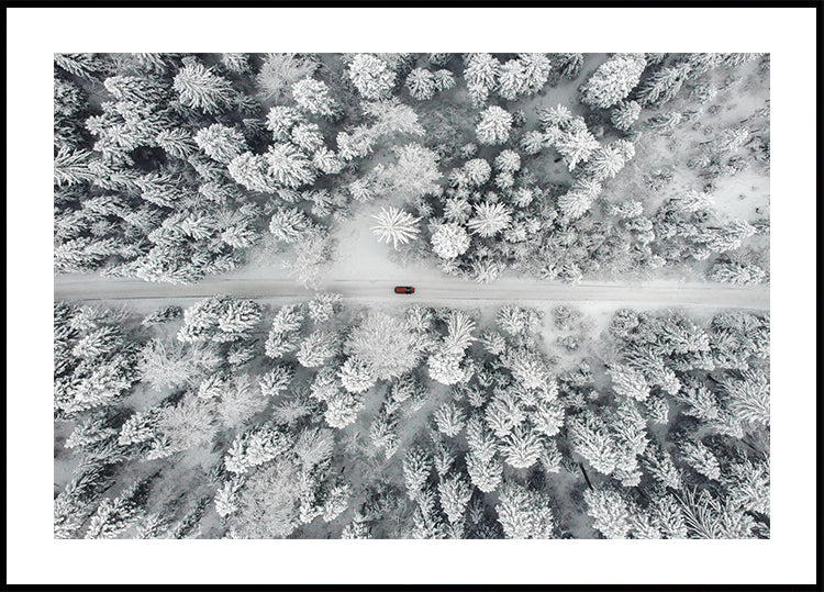 Red Car Driving Through Snowy Forest Plakat - Posterbox.dk