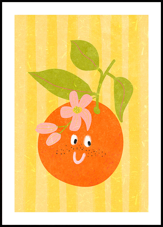 Uma laranja alegre com uma flor no topo, contra um fundo listrado amarelo.