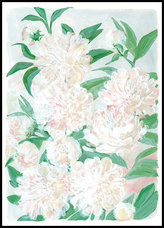 A imagem é uma pintura vibrante e exuberante de uma variedade de flores brancas e rosa, incluindo peônias, cercadas por folhas verdes.