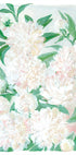 A imagem é uma pintura vibrante e colorida de uma variedade de flores brancas e rosa, incluindo peônias, contra um fundo azul claro.
