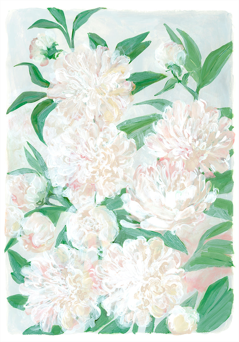 A imagem é uma pintura vibrante e colorida de uma variedade de flores brancas e rosa, incluindo peônias, contra um fundo azul claro.