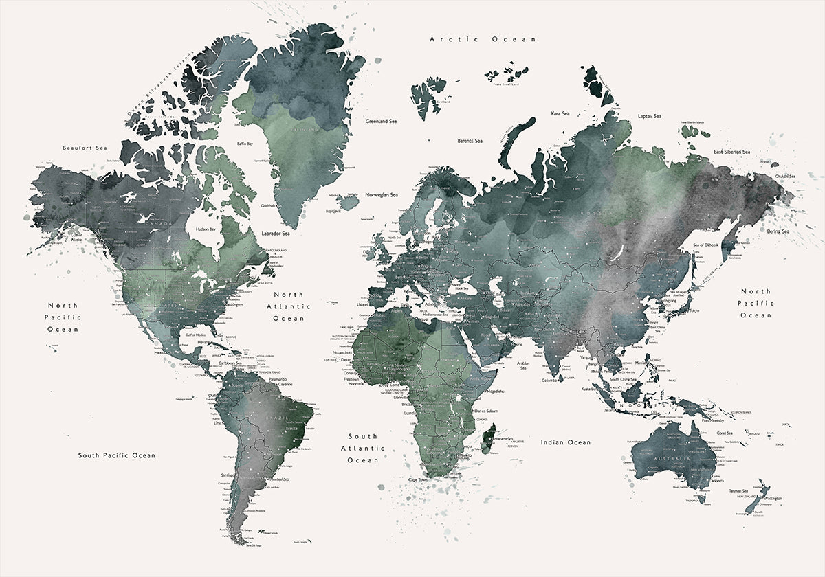 Watercolor world map with cities, Makoa Plakat - Posterbox