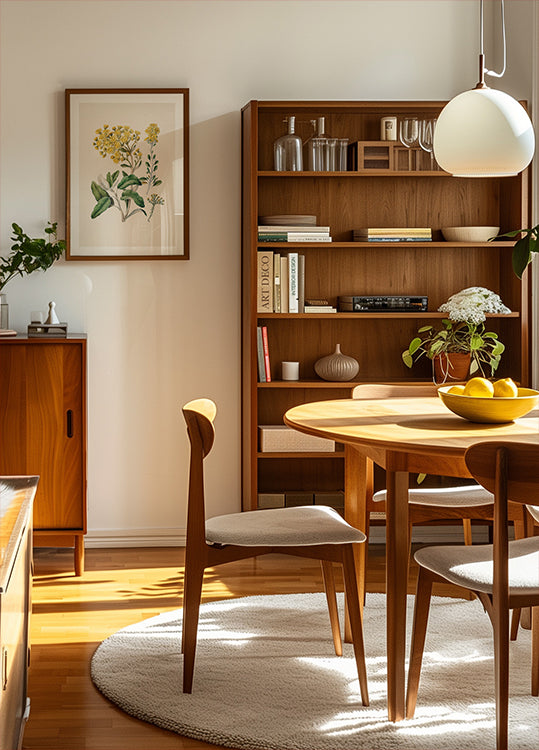 uma sala aconchegante e bem organizada com estante de madeira, mesa redonda de madeira e cadeira de madeira. A sala tem um ambiente acolhedor e convidativo, com luz natural entrando pela janela.