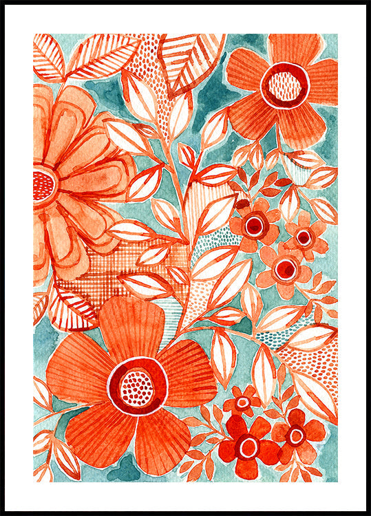 Red Daisies With Aqua Plakat - Posterbox