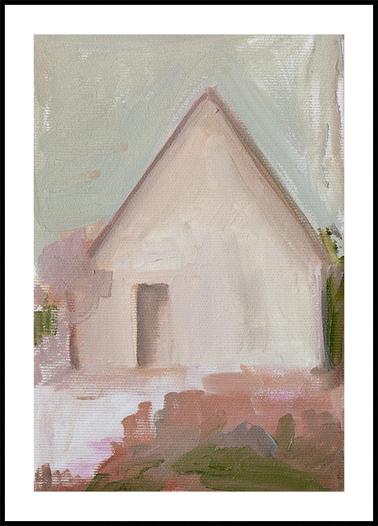 A imagem é uma pintura abstrata que representa uma casa com telhado triangular e um pequeno alpendre.