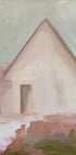 A imagem é uma pintura a óleo representando uma casa branca com telhado triangular contra um fundo verde claro.
