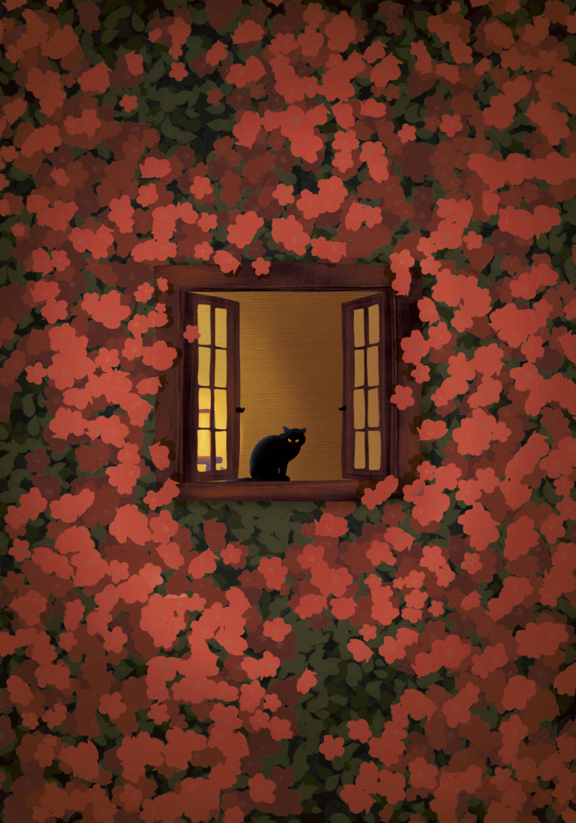 Gato e rosas da noite