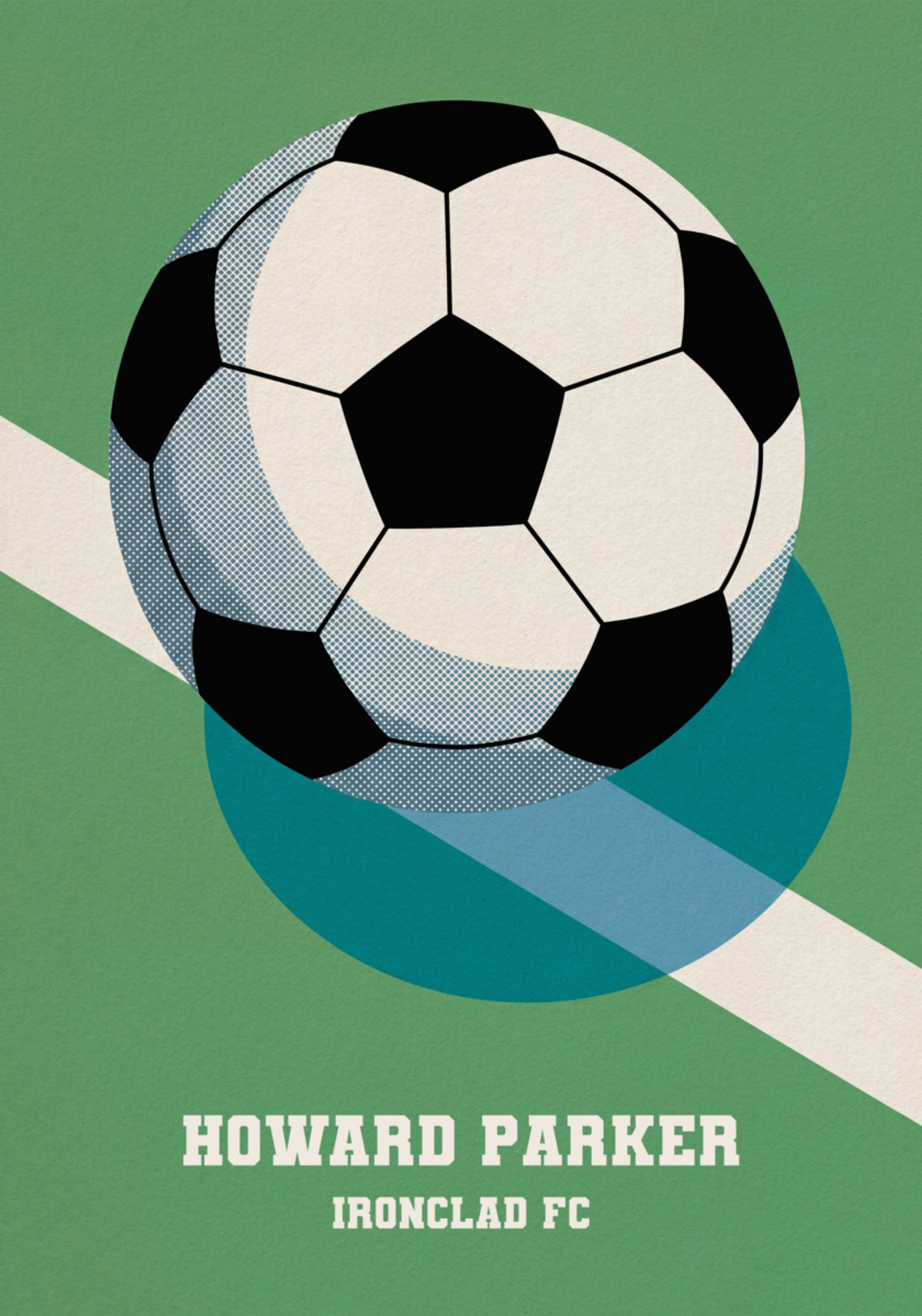 Cartaz retrô de futebol com bola preta e branca