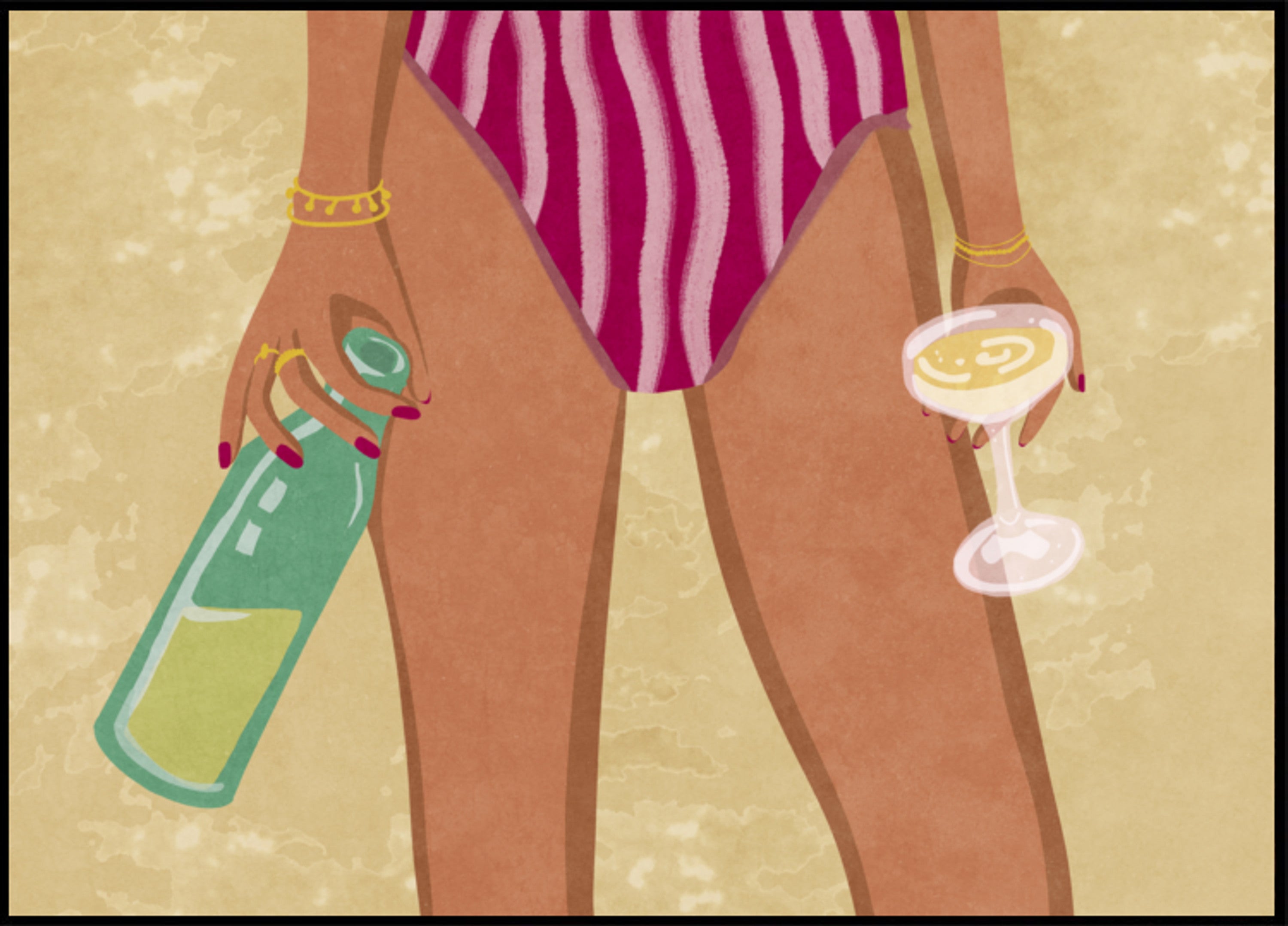 Menina com vinho na praia
