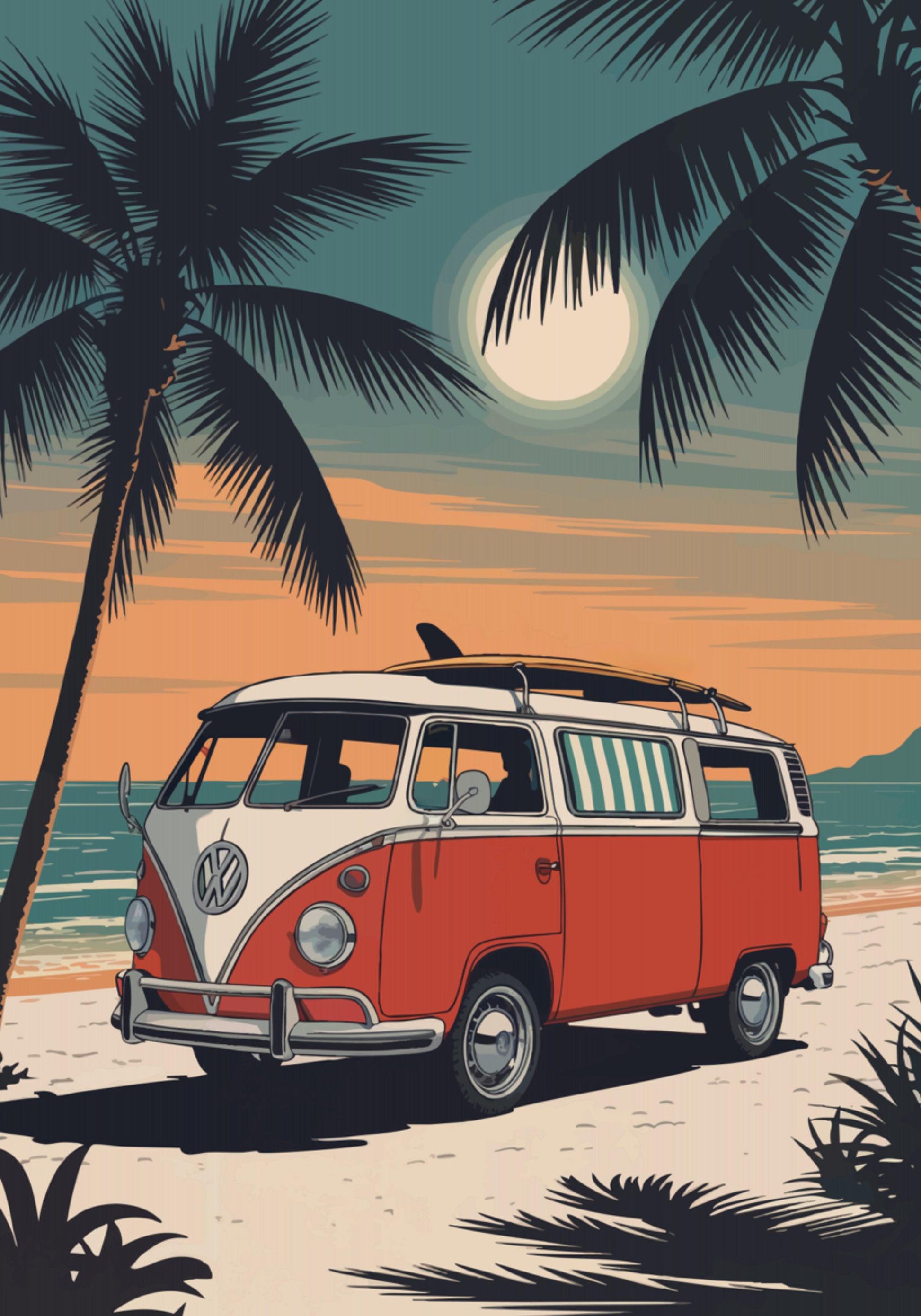 Pôr do sol de van de praia vintage