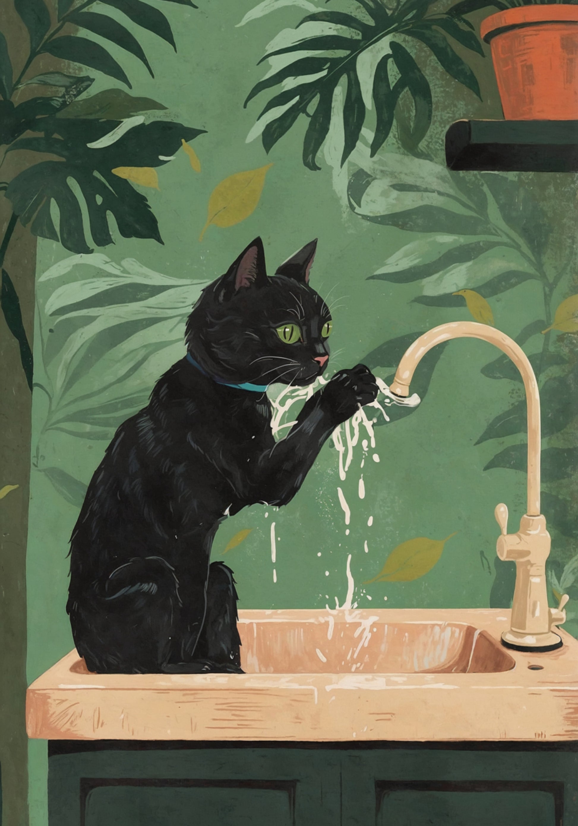 Brincadeira aquática do gato preto