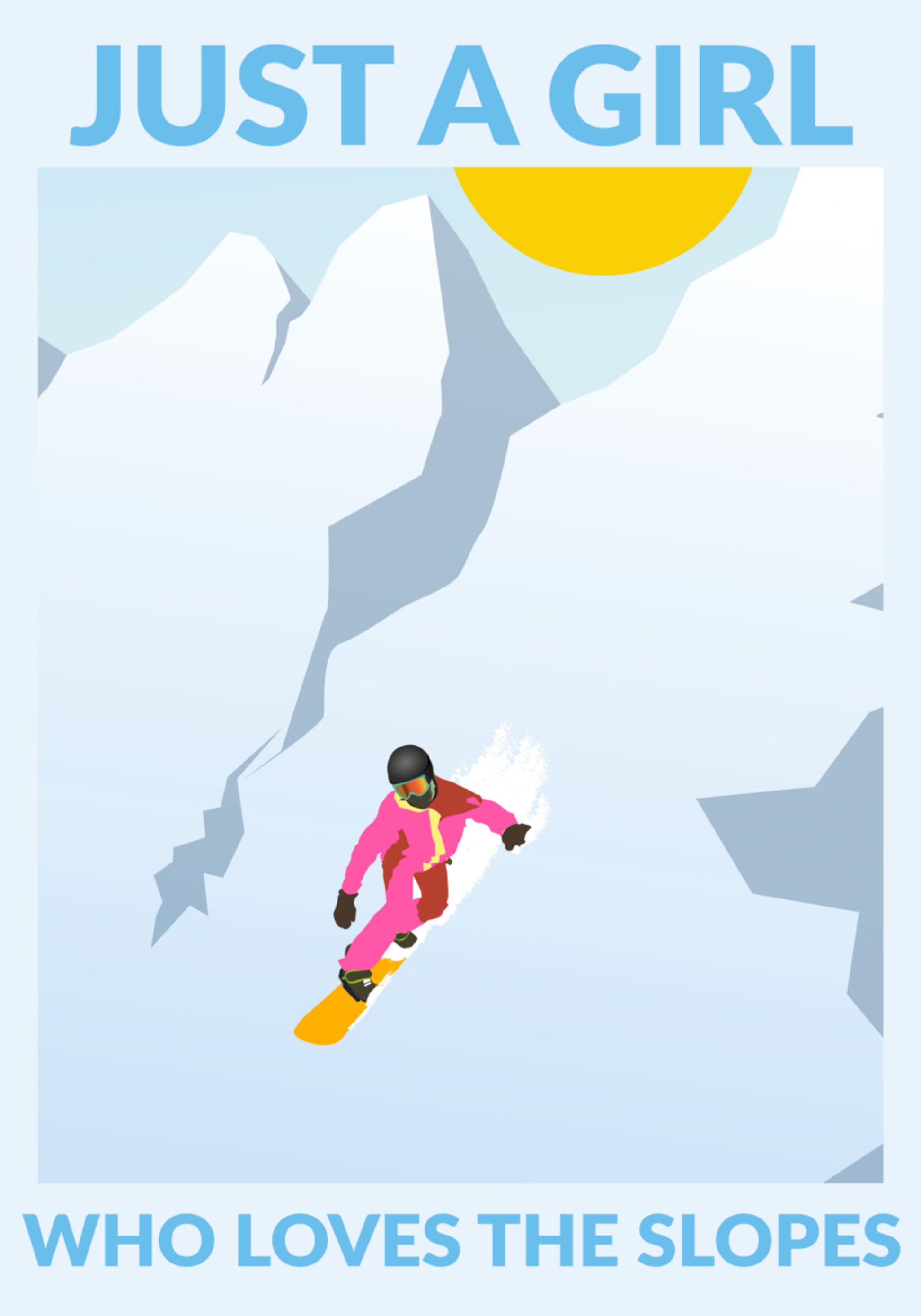 Garota praticando snowboard nas montanhas ensolaradas