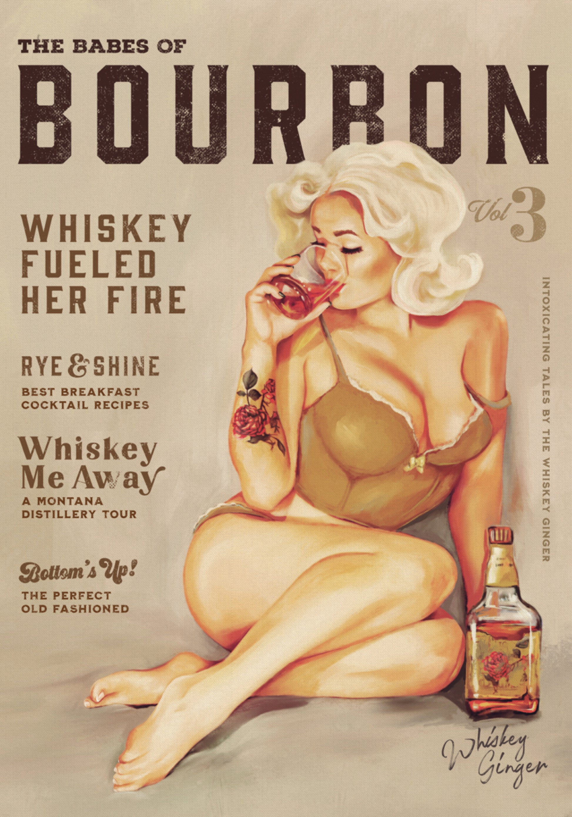 Arte da parede Bourbon. Garota sexy vintage pin up bebendo uísque